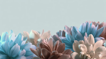 A stunning arrangement of pastel blooming flowers in soft blue and pink hues creates a vibrant yet peaceful atmosphere, perfect for artistic and modern design projects.の素材
