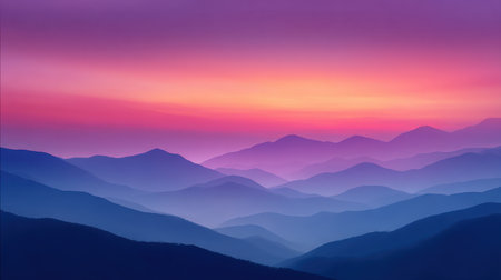 A stunning mountain landscape painted with vibrant sunset colors, showcasing rolling hills and soft gradients, evoking a sense of peace and tranquility in nature.の素材