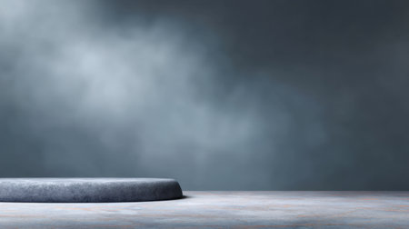 A serene and minimalist studio setting featuring a round pedestal on a smooth surface, enhanced by a captivating foggy backdrop in varied shades of grey and blue.の素材