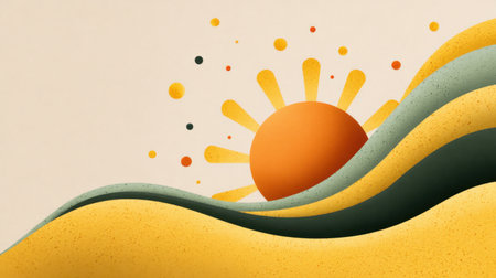 A vibrant abstract landscape featuring a sun rising over smooth waves in earthy tones, perfect for creative design projects, presentations, or backgrounds.の素材