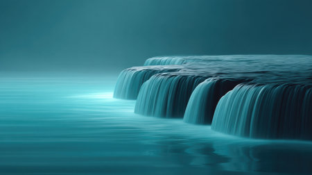 Explore a mesmerizing scene of cascading waterfalls adorned in ethereal blue light, capturing the tranquil beauty of nature and the calming essence of water in motion.の素材