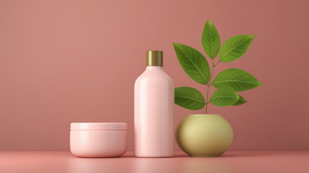 A beautifully arranged display of skincare products featuring pink tones and a green plant, perfect for wellness and beauty themes, evoking tranquility and elegance.の素材