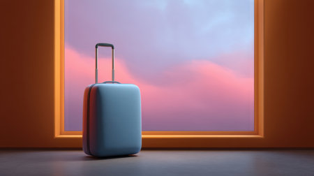 A serene scene shows a lone suitcase by a window, with a stunning colorful sky at dusk. This minimalist image evokes feelings of adventure and exploration, ideal for travel themes.の素材