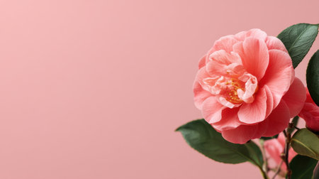 A stunning pink camellia flower against a soft pink background, highlighting its delicate petals and lush green leaves, perfect for nature enthusiasts and floral designs.の素材