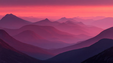 Breathtaking mountain landscape showcases serene rolling hills illuminated by a stunning pink and purple sky at dusk, highlighting nature's beauty and tranquility.の素材