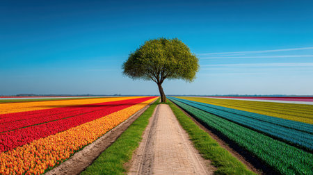 This stunning landscape features vibrant tulip fields radiating colors under a clear blue sky, creating a serene and picturesque setting perfect for nature lovers.の素材