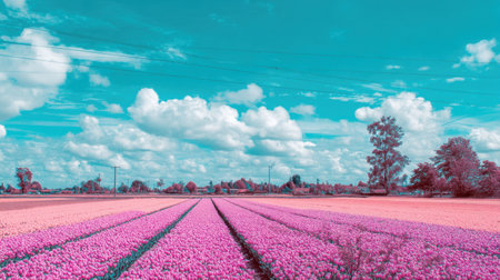 A breathtaking landscape featuring vibrant pink flower fields contrasted against a dreamy blue sky. Perfect for showcasing the beauty of nature and serenity.の素材