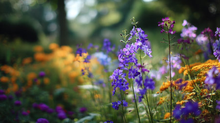 This enchanting garden scene showcases a rich display of purple and orange flowers bathed in warm sunlight, creating a peaceful and vibrant natural setting.の素材