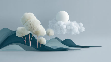 This minimalist landscape features abstract hills and stylized trees with soft clouds and a bright sun, creating a serene and tranquil atmosphere in a pastel palette.の素材