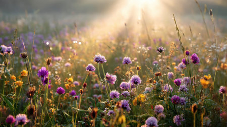 A tranquil morning scene showcasing a vibrant wildflower field illuminated by gentle sunlight, capturing the beauty and serenity of nature in full bloom.の素材