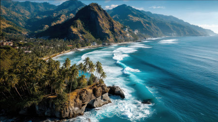 Experience the tranquility of a breathtaking aerial view showcasing serene ocean waves gently lapping against lush hills in a tropical paradise under a vibrant sky.の素材
