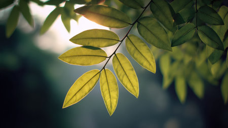 Detailed close-up of vibrant green leaves illuminated by sunlight, creating a serene and tranquil atmosphere ideal for nature and plant-themed projects.の素材