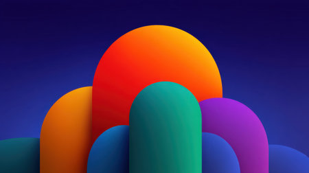 This vibrant abstract background features colorful geometric shapes including circles and arches, creating a modern and visually appealing composition ideal for various creative projects.の素材