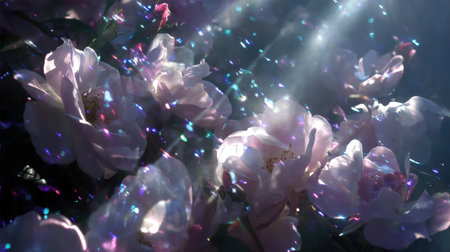A captivating scene featuring delicate pink flowers illuminated by gentle light rays. Sparkling reflections create an enchanting atmosphere, showcasing natureの素材