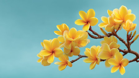 This captivating image features vibrant yellow flowers elegantly arranged on a branch, set against a tranquil blue background, perfect for evoking calmness and beauty.の素材