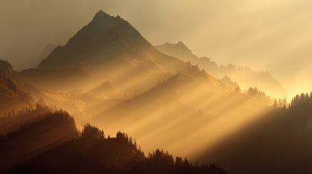 A breathtaking mountain landscape showcases golden sunlight rays piercing through the peaks, surrounded by serene forested slopes, evoking peace and tranquility.の素材