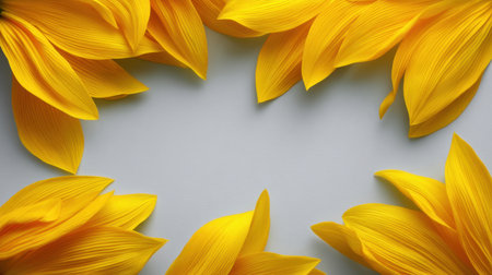 A stunning arrangement of bright yellow sunflower petals creating a beautiful frame on a soft grey background, perfect for nature-inspired design and artistic projects.の素材