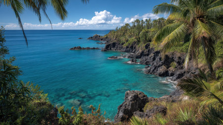 Discover a breathtaking tropical coastline featuring clear turquoise water, rugged rocks, and lush palm trees under a vibrant blue sky and fluffy clouds.の素材