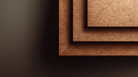 This image showcases an abstract composition of overlapping layers of textured cardboard in warm brown tones, perfect for modern design projects and backgrounds.の素材