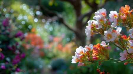 A stunning close-up of vibrant flowers adds a burst of color to a lush garden, enhanced by a dreamy bokeh background, evoking feelings of tranquility and beauty in nature.の素材