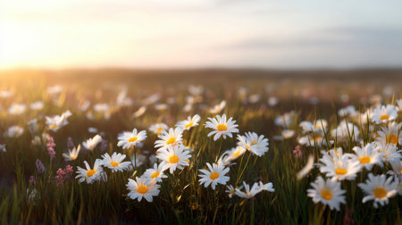 A stunning scene featuring white daisies in a field, illuminated by warm sunlight during a serene sunrise, creating a peaceful and calming atmospheric view.の素材