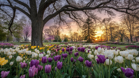 A stunning view of a tulip field filled with vibrant blossoms beneath an expansive tree, capturing the essence of springtime at sunset in a tranquil garden setting.の素材
