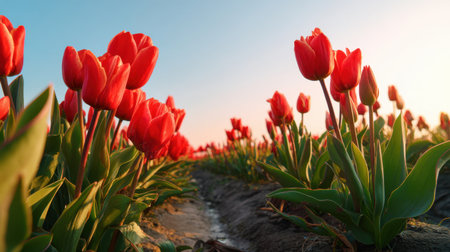 A beautiful field of vibrant red tulips basking in sunlight during golden hour, showcasing the stunning contrast against a clear blue sky in a serene spring landscape.の素材