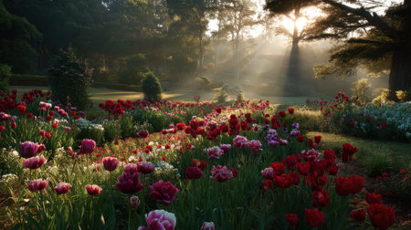 A tranquil garden scene showcasing vibrant tulips under soft morning light. Sun rays filter through green trees, creating a serene and picturesque atmosphere.の素材
