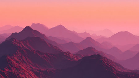 A tranquil sunset casts vibrant pink and purple hues over a majestic mountain range, creating a serene atmosphere ideal for landscape lovers and adventurers.の素材