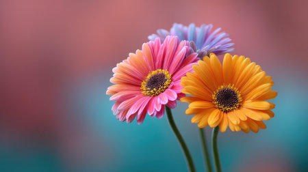 A breathtaking close-up image featuring colorful gerbera daisies in shades of pink, orange, and purple, set against a vibrant background, perfect for floral and nature-themed projects.の素材
