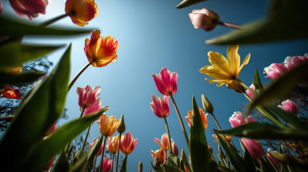 A stunning view of vibrant tulips captured from ground level, showcasing a blend of colors against a clear blue sky, celebrating the beauty of nature in bloom.の素材