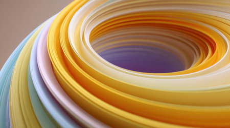 This captivating abstract image features a colorful spiral pattern formed by layered circular shapes, showcasing a harmonious blend of vibrant and soft pastel colors.の素材