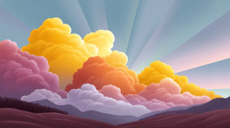 An enchanting landscape featuring a vibrant sunset with colorful clouds and rays of light illuminating the sky. A tranquil scene perfect for nature lovers.の素材