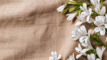A stunning arrangement of delicate white alstroemeria flowers on a soft beige fabric background, beautifully illuminated by natural light, creating an elegant atmosphere.の素材