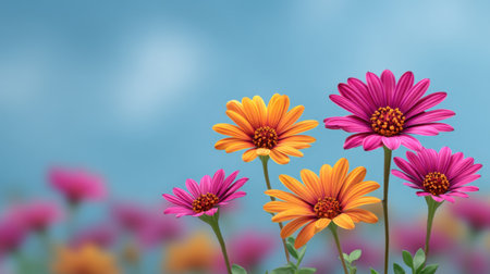 This image features a collection of vibrant flowers in shades of pink, orange, and yellow, blooming beautifully against a soft blue sky, creating a cheerful garden atmosphere.の素材