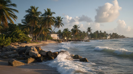 Experience a tranquil seaside scene with swaying palm trees, gentle waves lapping against rocks, and beachside homes basking in the warm sunset glow.の素材