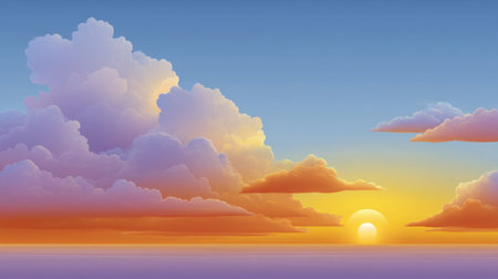 A stunning digital illustration of a majestic sunrise over a serene ocean, featuring soft clouds and warm colors that evoke a sense of peace and tranquility.の素材