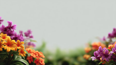 A stunning display of colorful flowers in a serene garden setting, featuring vibrant blooms with a soft, neutral background that enhances their beauty and charm.の素材