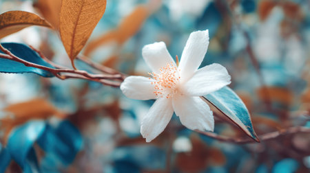 A stunning close-up of a delicate white flower perched on a branch, surrounded by lush leaves, creating a serene and beautiful natural composition.の素材