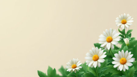 Fresh white daisies bloom with vibrant yellow centers, set against a soft beige background. This serene floral arrangement evokes tranquility and the beauty of nature.の素材