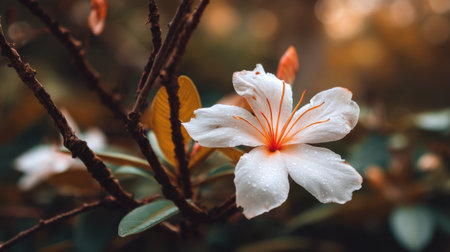 A stunning close-up view of a white flower with orange stamens showcasing its delicate beauty, set against lush green leaves in a tranquil outdoor environment.の素材