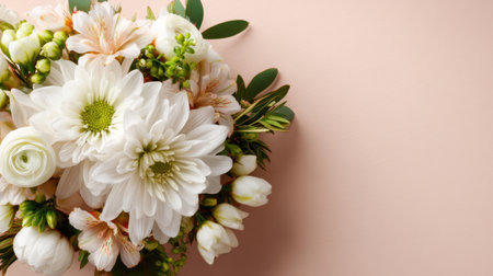 A stunning bouquet showcasing fresh white and pastel flowers elegantly arranged against a soft pink background, perfect for invitations, decorations, or art projects.の素材
