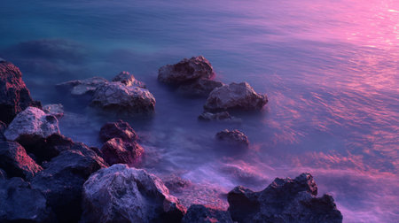 Tranquil coastal scene captures the beauty of nature with gentle waves, rocky shore, and a vibrant sky, creating a serene atmosphere perfect for relaxation.の素材
