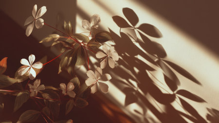 A beautiful arrangement of delicate white flowers casting gentle shadows on a wall, illuminated by soft natural light, ideal for serene and calming decor themes.の素材