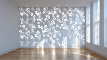 An empty room featuring a beautiful display of floral shadows on the wall, created by sunlight streaming through large windows, perfect for interior design inspiration.の素材