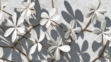 A captivating scene featuring delicate white leaves against a textured concrete wall, highlighting intricate shadows and a minimalist aesthetic perfect for various design projects.の素材