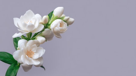 This image features elegant white flowers with lush green leaves against a soft grey background, embodying freshness and natural beauty perfect for various design projects.の素材