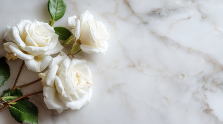 This breathtaking image showcases elegant white roses on a smooth marble background, creating a serene and refined aesthetic perfect for various design projects and celebrations.の素材