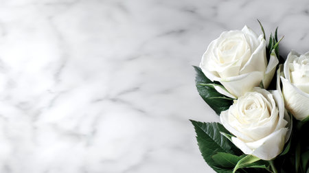 Beautiful arrangement of elegant white roses against a soft marble background, perfect for wedding themes, romantic occasions, or floral designs in various projects.の素材