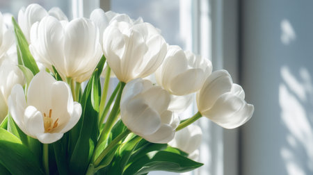 A stunning bouquet of white tulips captures light in a bright room, creating a serene atmosphere. Perfect for interior decor and spring celebrations.の素材